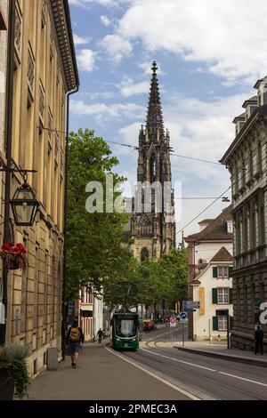 Basel, Switzerland - July 26, 2021: Church of St. Elizabeth in Basel downtown, built Gothic Revival style between 1857 and 1864 Stock Photo