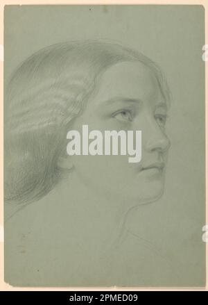Drawing, Study of a Woman's Head for 'A Magdalen'; Daniel Huntington (American, 1816–1906); USA; graphite, white chalk, brown pastel crayon on green wove paper; 35.5 x 25.4 cm (14 x 10 in.) ; Bequest of Erskine Hewitt; 1942-50-84 Stock Photo