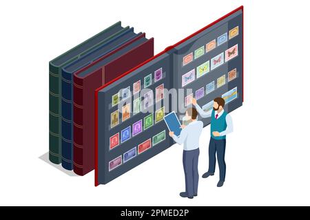 Isometric Philately and Marks Collection Concept. Old vintage collectible postage stamps albums and magnifying glass. Philately and stamp collection Stock Vector