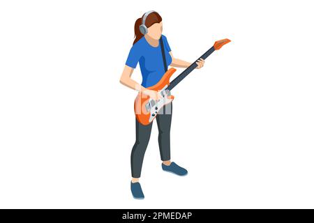 Isometric Realistic Electric Guitar. Woman playing an electric guitar isolated on white background Stock Vector