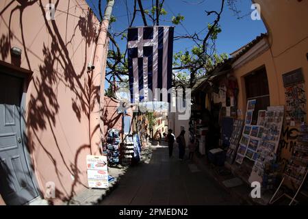 Tourist shop in Plaka district under Acropolis hill. Stock Photo