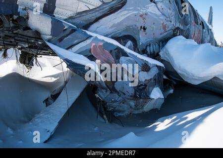 Emergency Transmission mural on Miss Piggy crashed aircraft in Churchill, Manitoba, Canada Stock Photo