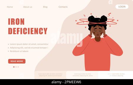 Iron deficiency concept. Landing page template. Sad african woman with dizziness. Lack of iron in immune system. Vector illustration in flat cartoon Stock Vector