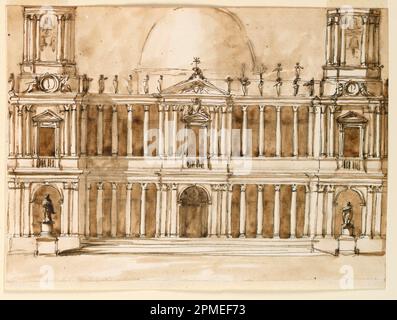 Drawing, Elevation of a church; Architect: Giuseppe Barberi (Italian, 1746–1809); Italy; pen and brown ink, brush and brown wash, red ink on off-whtie laid paper, lined; Image: 19.9 x 27.2 cm (7 13/16 x 10 11/16 in.) Stock Photo