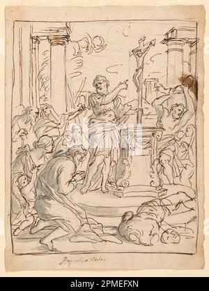 Drawing, Sketches for paintings. Obverse: A Roman officer holds a crucifix upon a heathen altar. Reverse: Christ rising; Pasqualino Marini; Italy; black crayon; obverse: with pen ink, black watercolor wash on paper Stock Photo