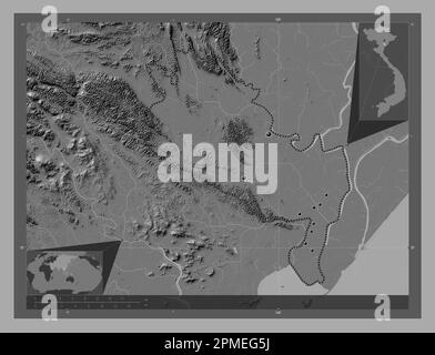 Ninh Binh, province of Vietnam. Bilevel elevation map with lakes and rivers. Locations of major cities of the region. Corner auxiliary location maps Stock Photo