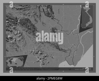 Ninh Binh, province of Vietnam. Bilevel elevation map with lakes and rivers. Locations and names of major cities of the region. Corner auxiliary locat Stock Photo