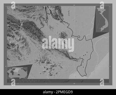 Ninh Binh, province of Vietnam. Grayscale elevation map with lakes and rivers. Locations of major cities of the region. Corner auxiliary location maps Stock Photo