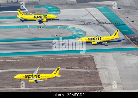 Los Angeles, United States – November 4, 2022: Spirit Airbus A320 airplanes aerial photo at Los Angeles airport (LAX) in the United States. Stock Photo