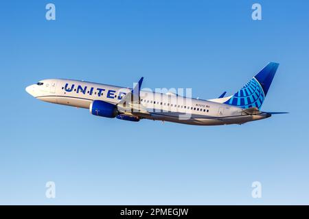 Los Angeles, United States – November 3, 2022: United Boeing 737 MAX 8 airplane at Los Angeles airport (LAX) in the United States. Stock Photo