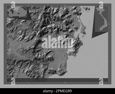 Ninh Thuan, province of Vietnam. Bilevel elevation map with lakes and rivers. Locations of major cities of the region. Corner auxiliary location maps Stock Photo