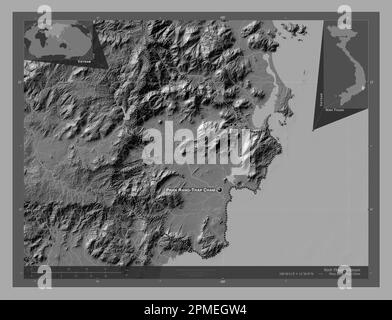 Ninh Thuan, province of Vietnam. Bilevel elevation map with lakes and rivers. Locations and names of major cities of the region. Corner auxiliary loca Stock Photo