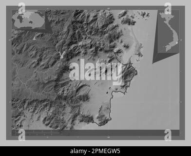 Ninh Thuan, province of Vietnam. Grayscale elevation map with lakes and rivers. Corner auxiliary location maps Stock Photo