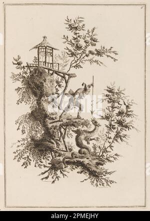 Print, Plate 6, 'Suite de douze Pêcheurs et Chasseurs'; Designed by Jean-Baptiste Pillement (French, 1728–1808); Print Maker: Jean-Jacques Avril the Elder (French, 1744 - 1831); France; ethching on paper; 43.3 × 29.2 cm (17 1/16 × 11 1/2 in.) Stock Photo