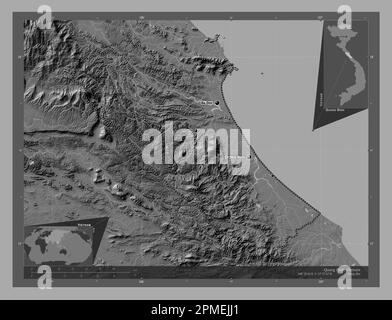 Quang Binh, province of Vietnam. Bilevel elevation map with lakes and rivers. Locations and names of major cities of the region. Corner auxiliary loca Stock Photo