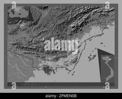 Quang Ninh, province of Vietnam. Bilevel elevation map with lakes and rivers. Corner auxiliary location maps Stock Photo