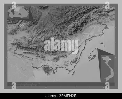 Quang Ninh, province of Vietnam. Grayscale elevation map with lakes and rivers. Corner auxiliary location maps Stock Photo