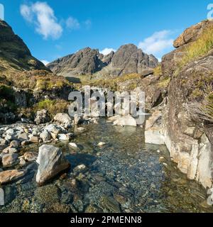 Mountain stream of Allt na Dunaiche below Blaven and Clach Glas in the Black Cuillin mountains, Isle of Skye, Scotland, UK Stock Photo
