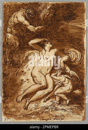 Sketchbook Folio, Venus and Cupid and Satyr, Study after Correggio; Designed by Felice Giani (Italian, 1758–1823); Italy; pen and brown ink, brush and dark brown wash, over traces of black chalk on white laid paper; 21.7 x 15.2 cm (8 9/16 x 6 in.) Stock Photo