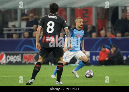 Milan, Naples, Italy. 12th Apr, 2023. Stanislav Lobotka of Napoli during the Champions League Football, Quarter Final, First Leg match between AC Milan and SSC Napoli in Milan, Italy, 12 April 2023. (Credit Image: © Ciro De Luca/ZUMA Press Wire) EDITORIAL USAGE ONLY! Not for Commercial USAGE! Stock Photo