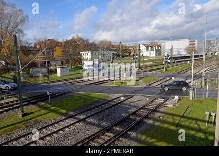 Two level crossings, each side of the Swiss-German border, with fences now removed from the former border, now part of Schengen, Konstanz, Nov 2022 Stock Photo