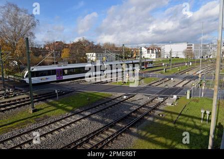 Two level crossings, each side of the Swiss-German border, with fences now removed from the former border, now part of Schengen, Konstanz, Nov 2022 Stock Photo