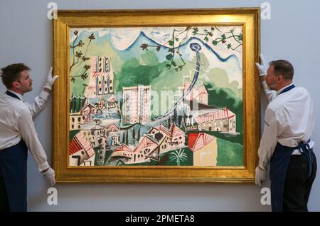 London, UK. 12th Apr, 2023. Sotheby's staff hold Pablo Picasso's 'Paysage' (4 May 1965) at Sotheby's in London, estimated $7 - $10 million, during a preview of May Sales Collection. The auction of the May Sales Collection will take place in New York on 16 May 2023. (Photo by Steve Taylor/SOPA Images/Sipa USA) Credit: Sipa USA/Alamy Live News Stock Photo