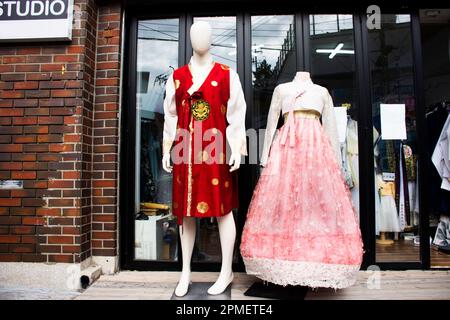 Korean traditional clothes hanbok hanja in fashion studio shop for korean people foreign traveler travel visit buy and rent in Gamcheon Culture Villag Stock Photo