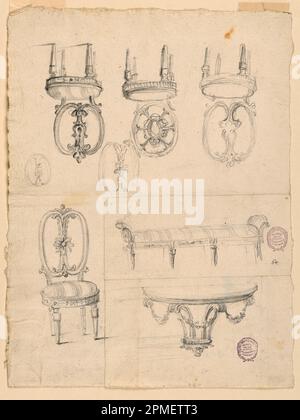 Drawing, Chairs and Architectural Sketches; Architect: Giuseppe Barberi (Italian, 1746–1809); Italy; graphite on off-white laid paper; Image: 6.3 x 14.2 cm (2 1/2 x 5 9/16 in.) Stock Photo