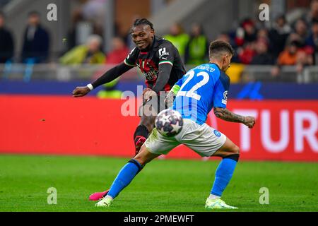 Milano, Italy. 12th Apr, 2023. Rafael Leao (17) of AC Milan seen during the UEFA Champions League quarter final between AC Milan and Napoli at San Siro in Milano. (Photo Credit: Gonzales Photo/Alamy Live News Stock Photo