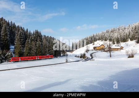 Oberstaufen, Germany – February 28, 2023: Regional train of Deutsche Bahn DB Bombardier Transportation RegioSwinger in Bavaria Oberstaufen, Germany. Stock Photo