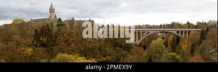 An aerial panoramic view of the Adolphe Bridge in Luxembourg during the fall season. Stock Photo