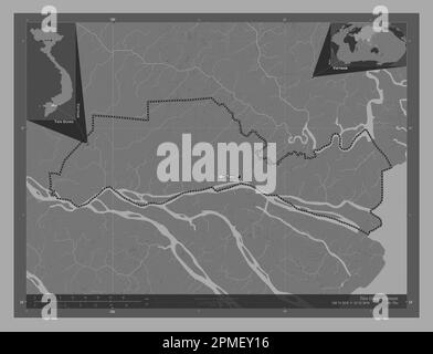 Tien Giang, province of Vietnam. Bilevel elevation map with lakes and rivers. Locations and names of major cities of the region. Corner auxiliary loca Stock Photo