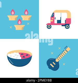 India icons set in line style. Traditional symbols including Buddha, Taj Mahal, lotus flower, elephant and other. Vector illustration with editable st Stock Vector