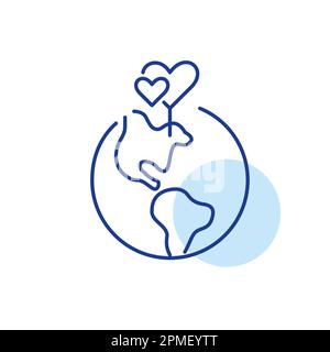 Two hearts intertwined. Map pointer on Earth. Finding match on global level. Pixel perfect, editable stroke icon Stock Vector