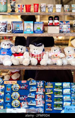 Selection of British themed souvenirs in a souvenir shop display window, Cambridge, England, UK Stock Photo