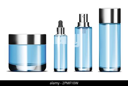 Clear blue glass cosmetic bottles isolated on white background, vector mockup set. Face cosmetics packaging, mock-up Stock Vector
