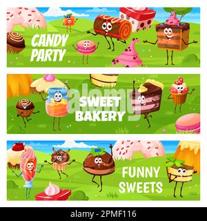 Candy party of cartoon desserts, pastry and cake characters having fun on meadow. Vector sweet food personages of cute chocolate candy, swiss roll cak Stock Vector