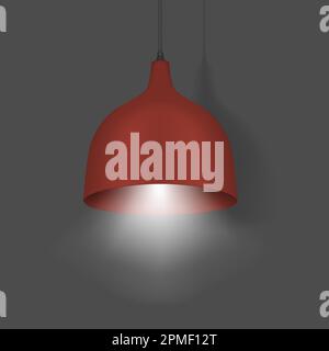 Hanging pendant lamp. Modern interior light. Chandelier with red lampshade. Realistic vector illustration Stock Vector