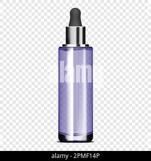 Clear glass bottle with dropper cap on transparent background, realistic vector mockup. Cosmetic serum packaging, template for design Stock Vector