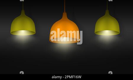 Hanging pendant lamps with the light on. Chandeliers with color lampshades. Realistic vector illustration Stock Vector