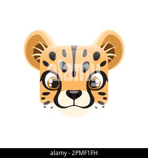 Cartoon cheetah cub kawaii square animal face. Isolated baby leopard head or muzzle with dotted fur. Vector jungle character portrait, app button, ico Stock Vector