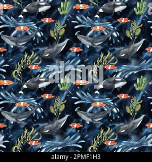 Watercolor seamless pattern with Arctic killer whale and decorative plants elements on the deep blue turquiouse background. Funny kids illustration. I Stock Photo