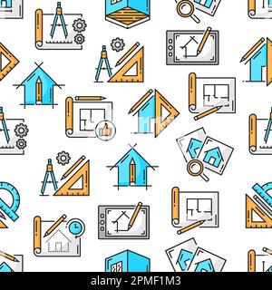 Architect development seamless pattern with vector architecture projects and drawing tools. Background with thin line blueprints of house building pla Stock Vector