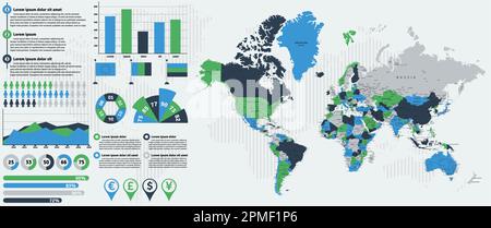 Detailed World map with infographic elements. Vector illustration. Stock Vector
