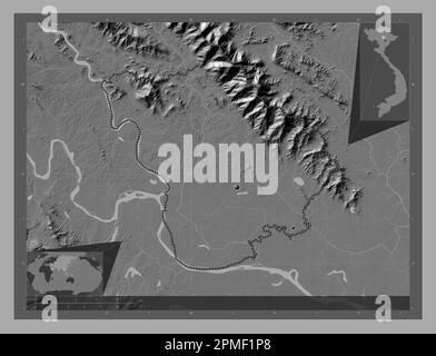 Vinh Phuc, province of Vietnam. Bilevel elevation map with lakes and rivers. Locations of major cities of the region. Corner auxiliary location maps Stock Photo