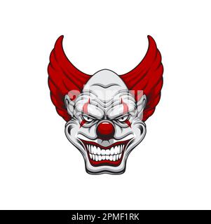 Scary clown face, cartoon creepy isolated vector Halloween character with red hair, lips and marks on eyes. Aggressive antihero personage with bared t Stock Vector
