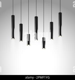 Hanging pendant tube shaped lamps. Contemporary style interior light. Chandelier with black metal cylindrical lampshade. Realistic vector illustration Stock Vector