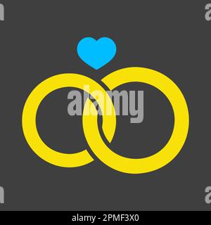 Wedding rings with a heart isolated glyph on dark background icon. Vector illustration, romance elements. Sticker, patch, badge, card for marriage, va Stock Vector