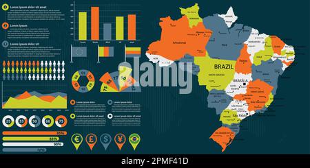 Detailed Brazil map with infographic elements. Vector illustration. Stock Vector